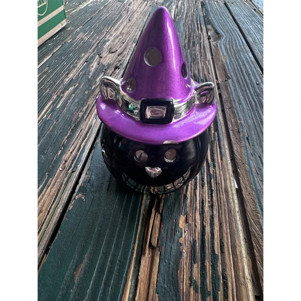 Halloween Black Cat Pumpkin Light Up Figurine Purple Witch Hat Decor
